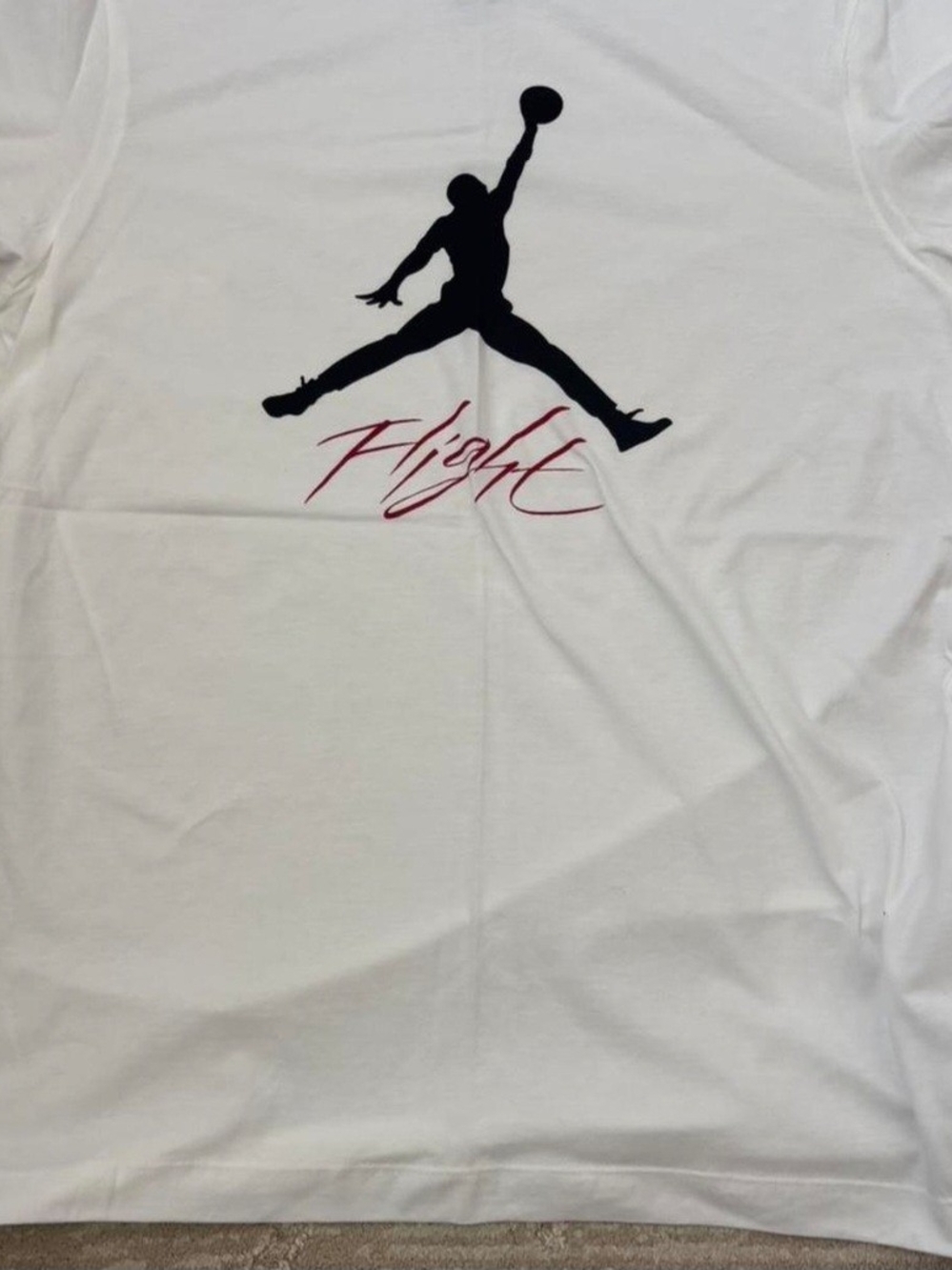 Jordan White Short-Sleeve Tee with Black Jumpman and Red Script